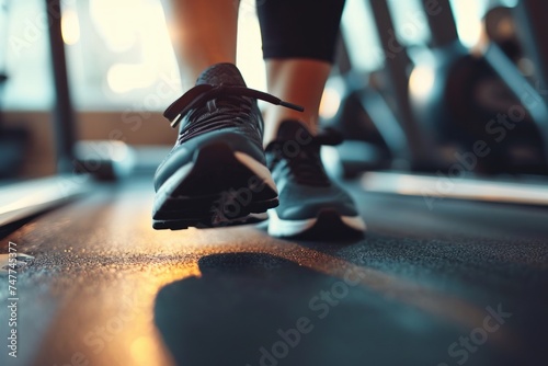 Close-up of a woman's legs in black sneakers on a treadmill in the gym. © Alexandr