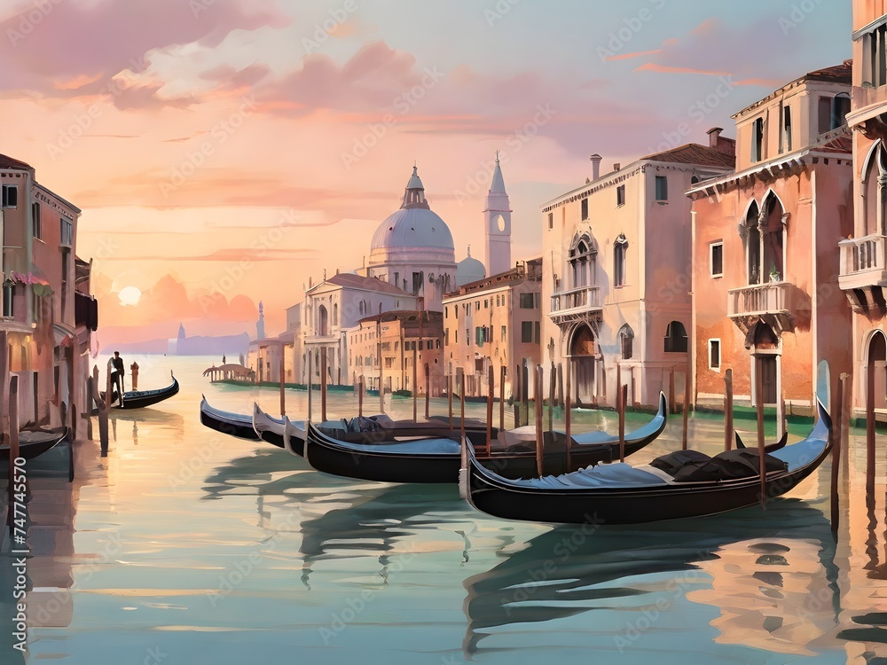 A scene of Venice at sunset, with gondolas on shimmering water reflecting the pastel-colored buildings Generative AI
