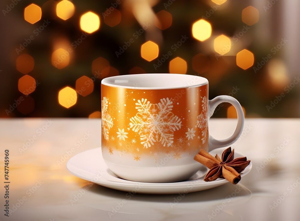 Obraz premium Winter morning christmas coffee cup with cookies and cocoa on bokeh light background