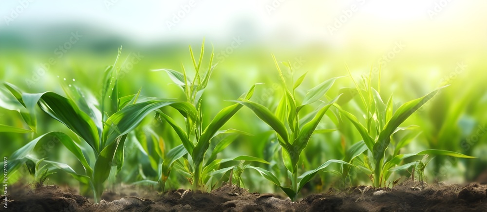 Obraz premium A field of corn with a green leaf. Generative ai