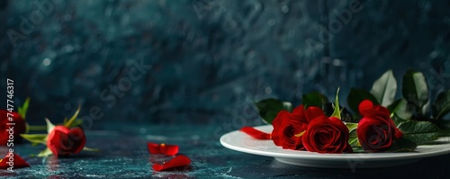 Valentines day table place setting with red roses and white plate on a dark background. Copy space.