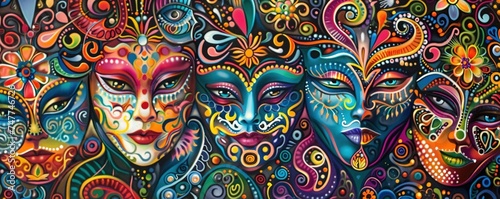 Vibrant background adorned with captivating carnival masks. © Sanych