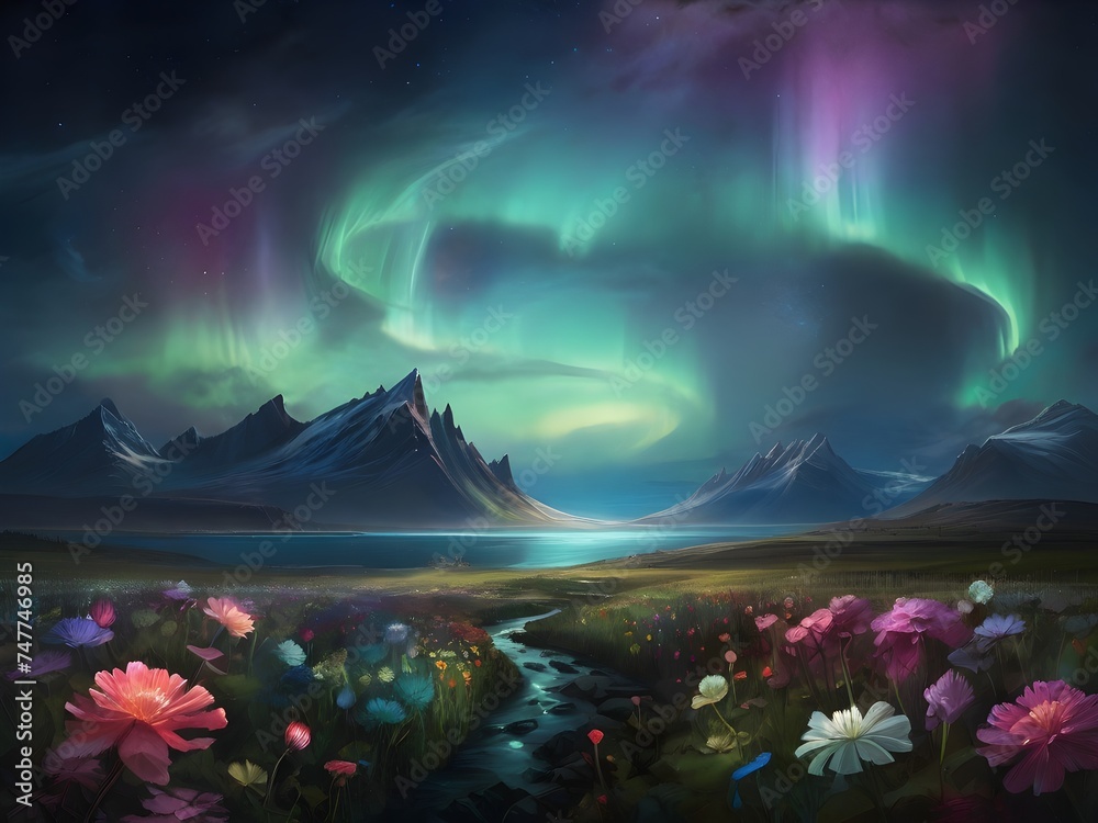 A surreal landscape where the northern lights dance over a field of blooming flowers under a starlit sky Generative AI