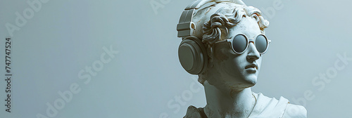 Ancient sculpture with headphones and sunglasses. photo