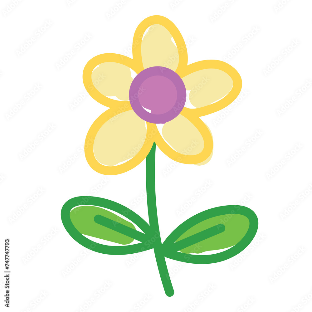 Illustration of yellow flower with green leaves doodle for floral print, nature, garden, plants, tree, picnic, park, yard, spring and summer, cute patch, brooch, pin, sticker, blossom, blooming, icon