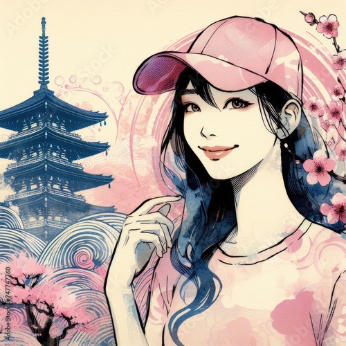 Asian girl travels in Japan with Generative AI. photo