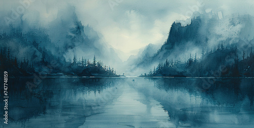 Fog over the river with mountains, Background for graphics use. Created with Ai photo