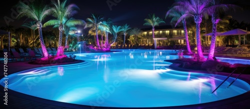 A large swimming pool, surrounded by vibrant palm trees, stands illuminated by colorful changing LED lighting, casting a bright blue hue.