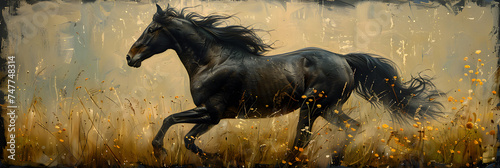 A black horse running green field, Majestic stallion runs free in beautiful meadow at sunset   © Abdul
