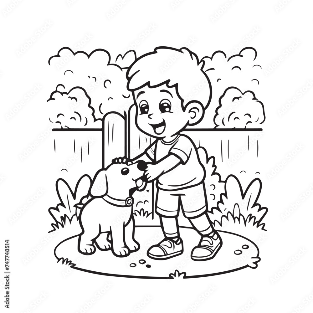 Boy playing with a dog in the garden, black and white vector illustration Boy playing with a dog in the garden, black and white vector illustration