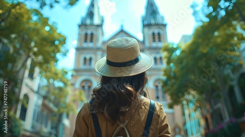 Woman in Straw Hat Walking Down a Street with Church in the Background at St. Joseph's Cathedral, Hanoi, Vietnam photo