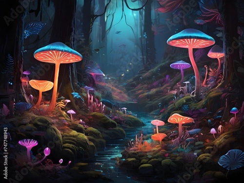 A whimsical forest filled with glowing, bioluminescent plants and creatures in vivid hues Generative AI