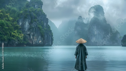 Asian-inspired Landscape with Man Overlooking Mountains in Ha Long Bay, Vietnam
