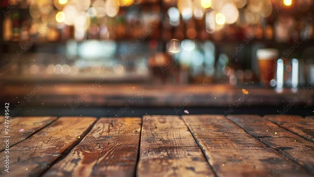 coffee shop with blurred lights and wooden table background. wooden table with a view of blurred beverages bar background. seamless looping overlay 4k virtual video animation background