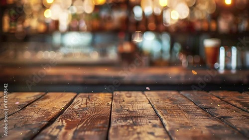 coffee shop with blurred lights and wooden table background. wooden table with a view of blurred beverages bar background. seamless looping overlay 4k virtual video animation background photo