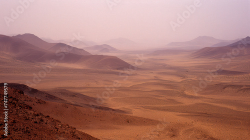 analogue still high angle shot of a foggy Dessert landscape