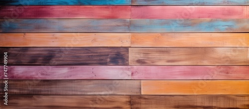 This close-up shot showcases a wooden wall with various colors and textures. The boards create a unique pattern, adding a dynamic element to the space.