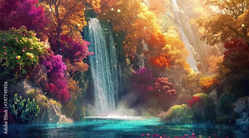 Enchanting fantasy waterfall cascading through a colorful forest of vibrant plants, creating a magical and whimsical sce Seamless looping 4k time-lapse virtual video animation background. Generated AI photo