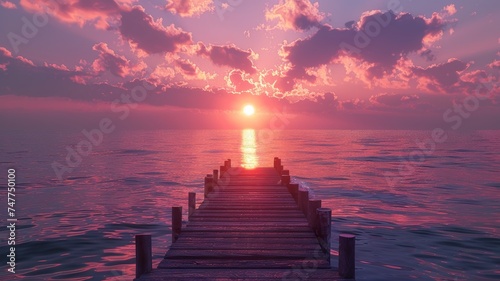 Sunset serenity at sea with rustic pier under a vibrant sky