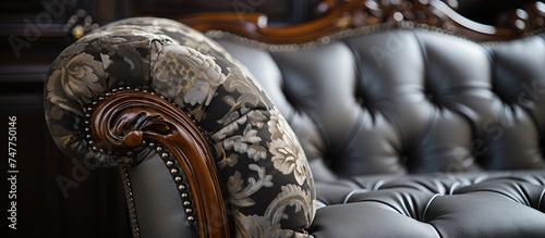 A detailed view of a luxurious and sophisticated chair with an intricate and elaborate armrest, adding a touch of elegance to a living room setting.