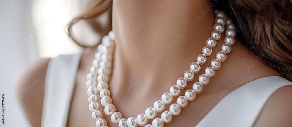 A close-up view of a mannequin elegantly dressed in classic pearl necklaces, showcasing timeless elegance and sophistication. The pearls drape gracefully on the mannequins neck, exuding a sense of