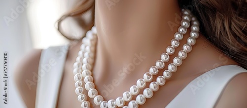 A close-up view of a mannequin elegantly dressed in classic pearl necklaces, showcasing timeless elegance and sophistication. The pearls drape gracefully on the mannequins neck, exuding a sense of