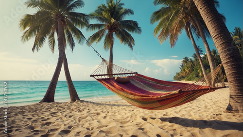 Hammock with palm trees on a sandy beach View © Prinxe
