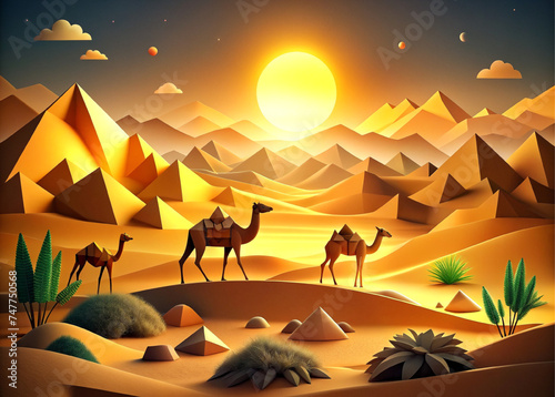 paper art  desert and camel  sunset nature landscape.