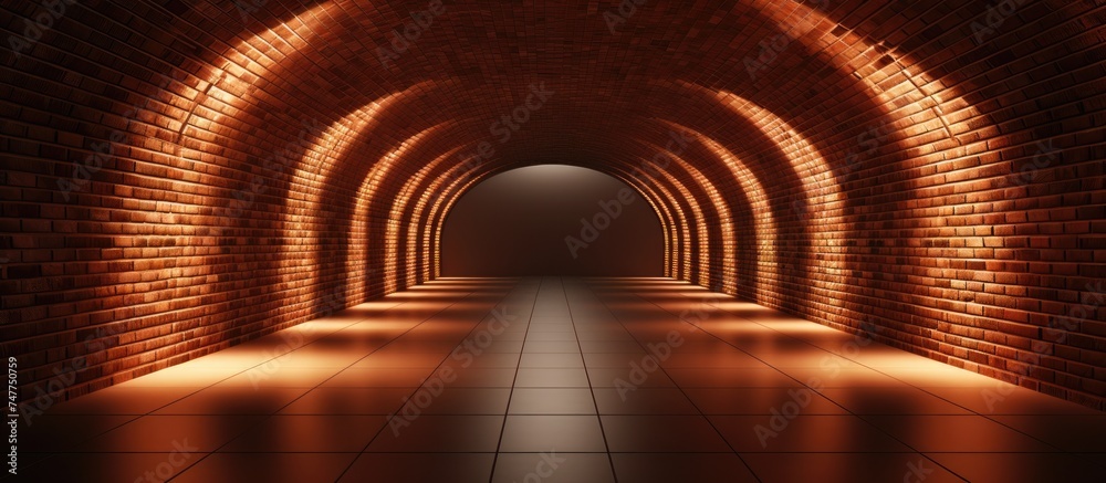 A long tunnel with a light at the end, featuring a blank brick wall as the main focal point. The tunnel stretches into the distance, leading the eye towards the light source. - obrazy, fototapety, plakaty 