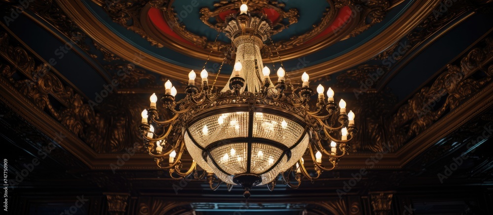 A grand chandelier is suspended from the ornate ceiling inside a building, casting a soft glow over the space.