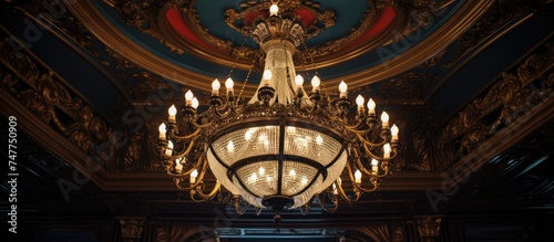 A grand chandelier is suspended from the ornate ceiling inside a building  casting a soft glow over the space.