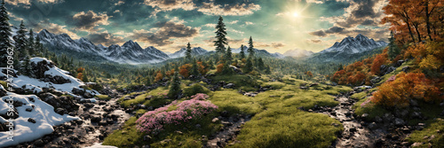 Beautiful mountain landscape. 4 seasons. All seasons in one picture. Forest blooming alpine valley. Mountain stream. Winter, spring, summer, autumn. © derplan13