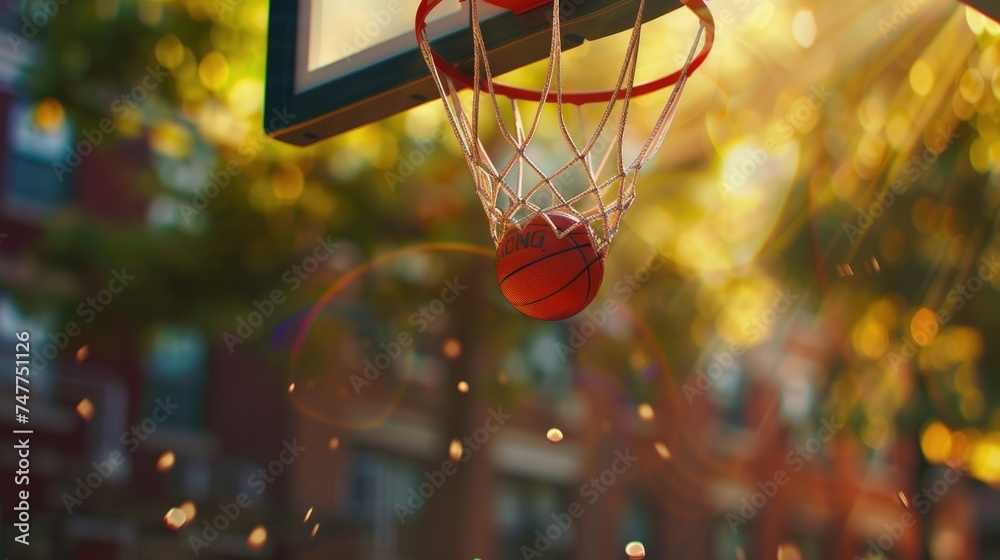 Detail the satisfying swish sound as the basketball cleanly passes through the hoop.