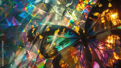 Describe the sunlight catching the iridescent hues of the butterfly's wings, creating a mesmerizing play of colors.