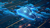 Futuristische Digitale Informationstechnologie: Web-Hologramm, Cloud-Symbol, Blau-Goldenes Licht, Code-Hintergrund und Cloud-Computing, das die abstrakte Bewegung des digitalen Datenflusses repräsenti