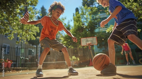 Create a scenario where the child performs a flashy dribbling trick to impress their friends. photo