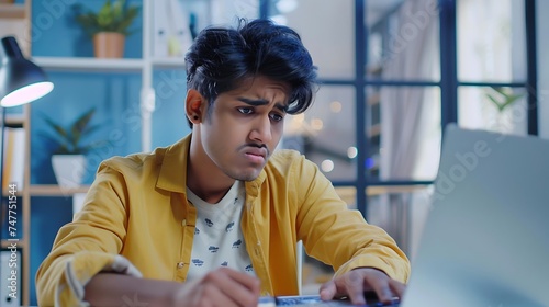person working on computer. Upset and worried young Indian man talking on video call on laptop.