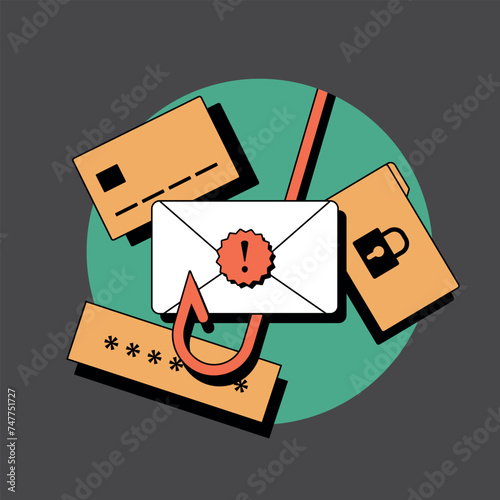 E-mail phishing icon. Fraud email alert, scam malware notification concept. E-mail spam message with hook trojan viruses. Vector isolated illustration on black background with icons