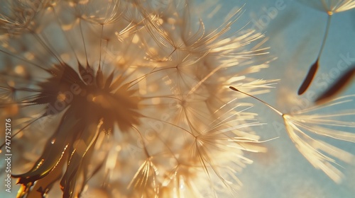 Close-up of a dandelion s stamen in the air on a sunny day with extreme depth of field.