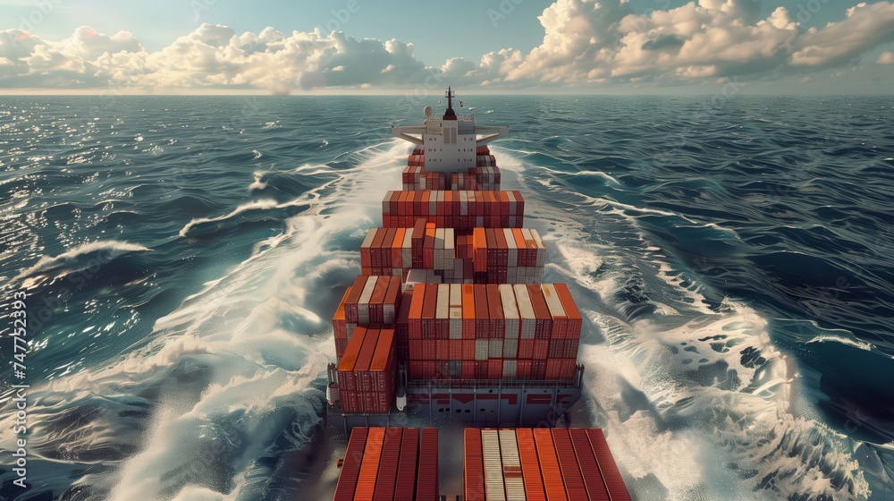 Giant container ship, fully packed, seen from above in the ocean. Photorealistic. - obrazy, fototapety, plakaty 