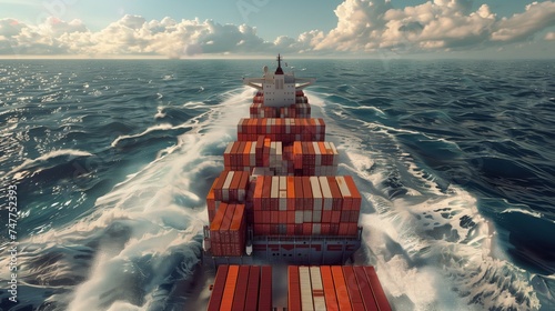 Giant container ship, fully packed, seen from above in the ocean. Photorealistic. photo