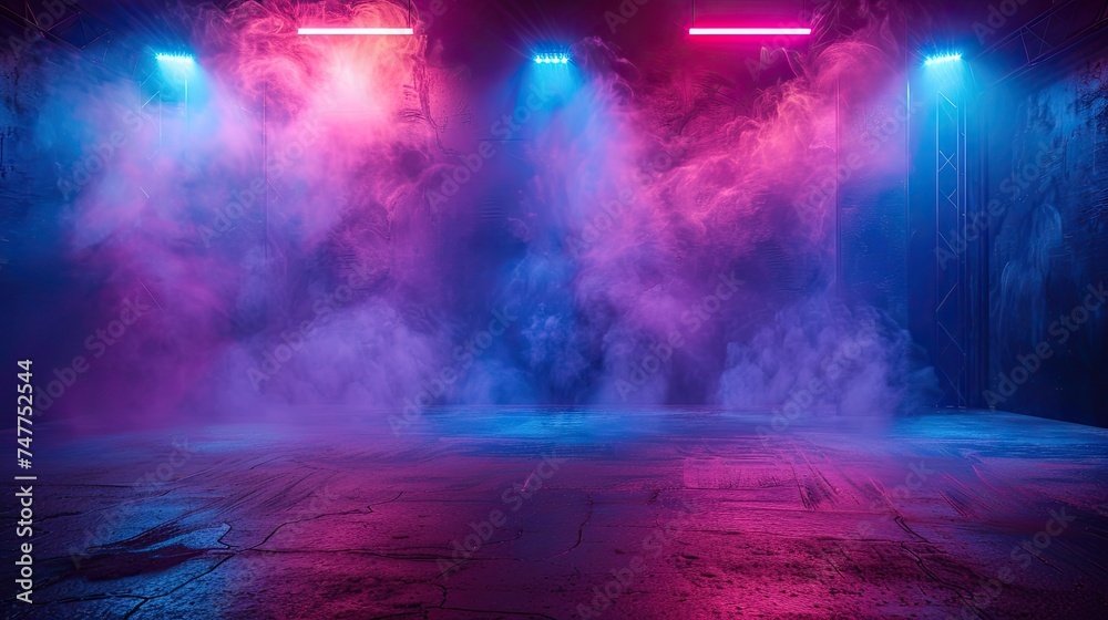 The dark stage shows, empty dark blue, purple, pink background