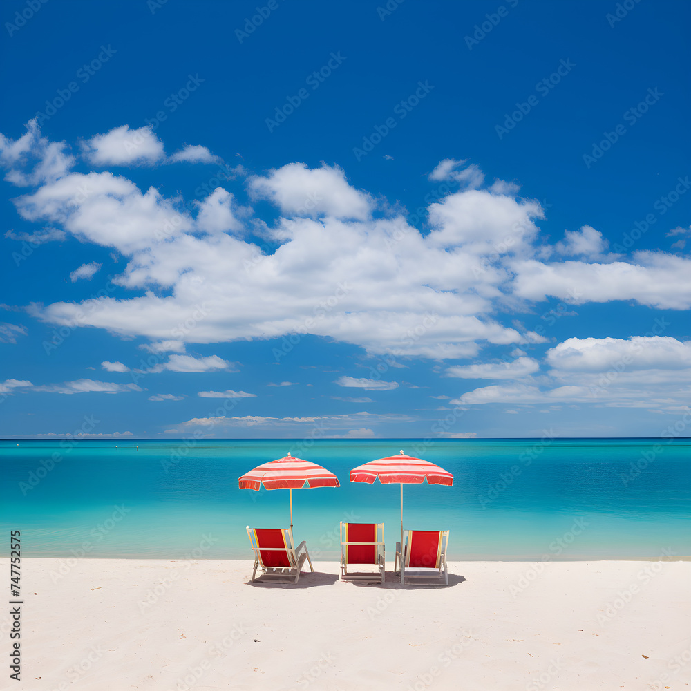 Mesmerizing Aquamarine Seascape: Pristine Beach with Colorful Parasols and Lonely Sailboat