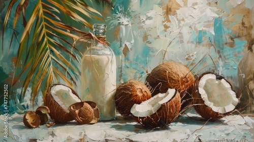 coconuts and a bottle of coconut milk