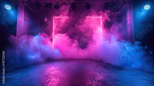 The dark stage shows  empty dark blue  purple  pink background