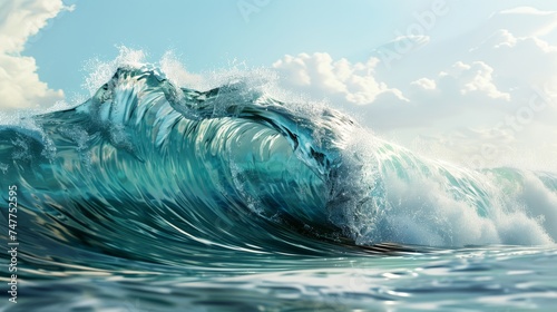 "Ocean surfing wave in tube form on a sunny day with light. Hyperrealistic."