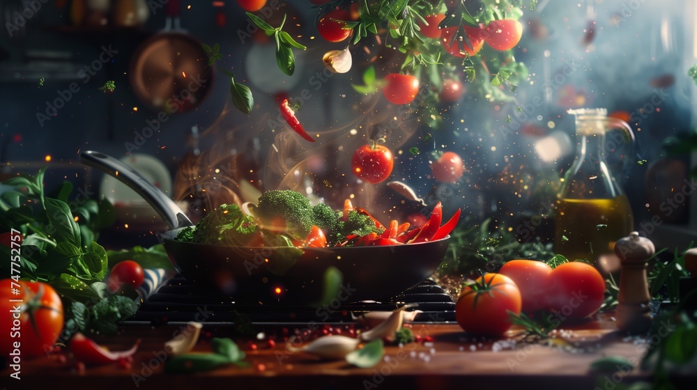 Super veggie dinner concept with ingredients floating above a grill pan with hot oil. Photorealistic.