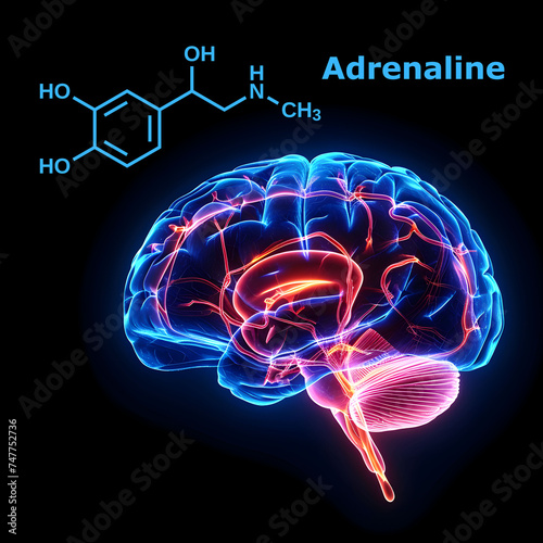 Human Brain. Adrenaline Molecule. Neurotransmitter. Hormone.