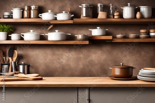 Brown tabletop with copyspace over blurred kitchen shelves with utensils