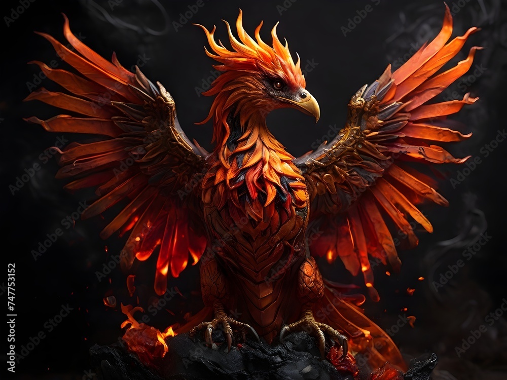 Fototapeta premium A fiery orange and red phoenix rising from ashes, its flames more vivid against the dark backdrop Generative AI